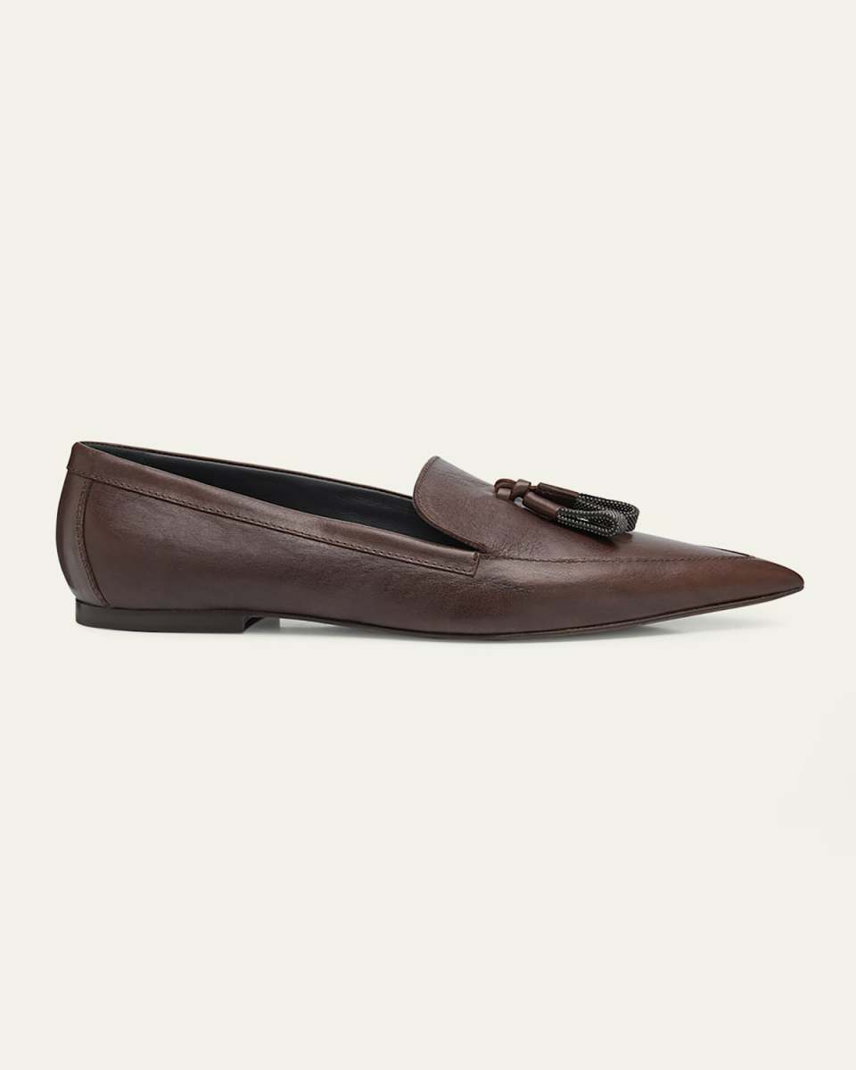 Monili Tassel Pointed Leather Ballet Flats